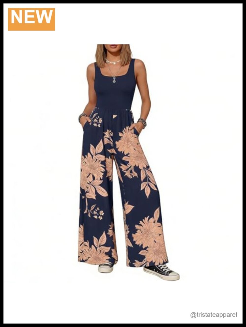 Women's Sleeveless Wide Leg Jumpsuit Smocked Floral Romper Pockets Vacation